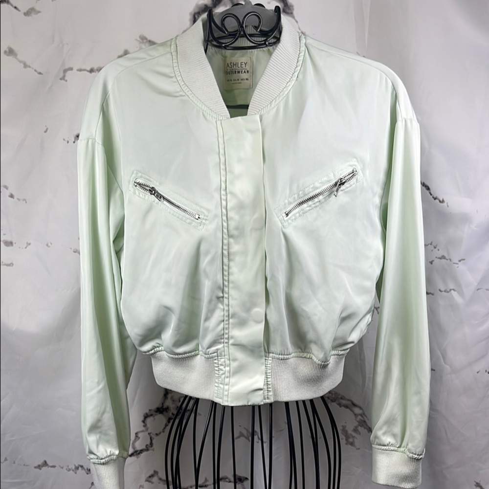 Ashley By 26 International Jacket Mint Green Bomber Lightweight Ribbed Cuffs Hem